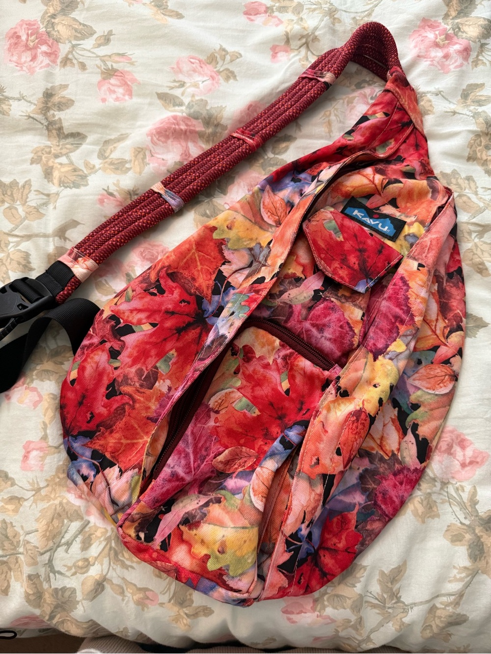 Kavu Red Multi Leaf-Print Crossbody Sling Bag